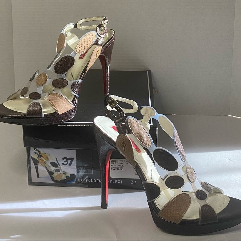 Cesare Paciotti multicolor snake skin high heel platform. Lucite in between .